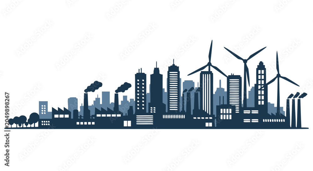 Naklejka premium Modern Industrial City Skyline Vector Illustration Featuring Sustainable Energy Wind Turbines and Manufacturing Factories for Urban Infrastructure Projects