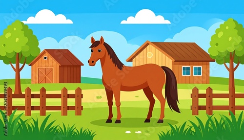 A brown horse stands in a green field with a wooden fence, barn, and house