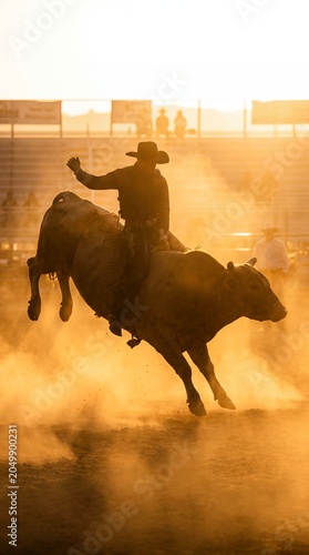 Silhouette of cowboy riding bucking bull in rodeo arena with golden dust