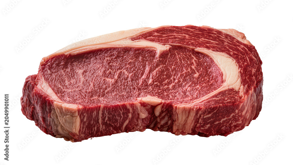 Obraz premium Raw marbled ribeye steak with thick fat cap, isolated on transparent background
