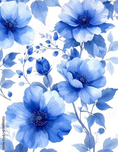 A blue floral pattern with large flowers and leaves on a white background