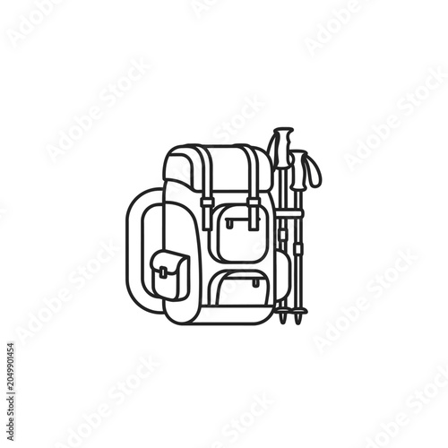 Line art illustration of hiking backpack with trekking poles