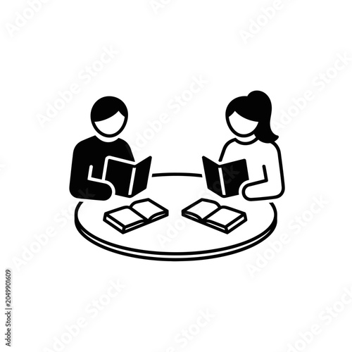 Line icon of two people reading at a table