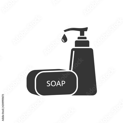Liquid soap dispenser and bar soap cleaning icons.