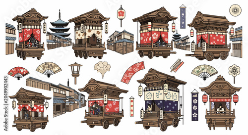Traditional Japanese Festival Floats and Street Scenes.