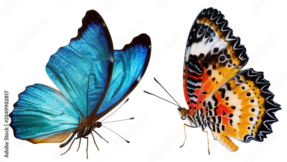 Fototapeta premium Two detailed butterflies one blue and one orange, isolated on transparent background