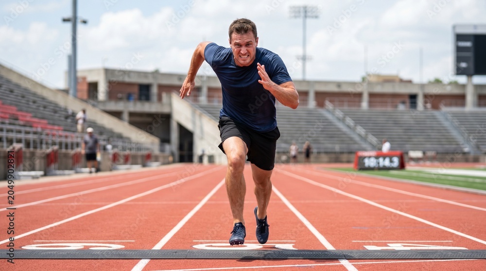 Fototapeta premium Determined Male Athlete Sprinting at Full Speed on Running Track in Outdoor Stadium on Sunny Day