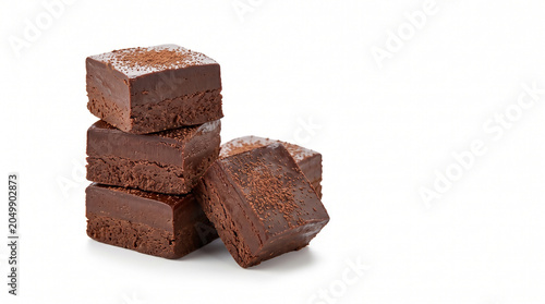 Delicious homemade chocolate fudge cubes stacked on white background perfect for national fudge day celebration with dark cocoa powder dusting and creamy texture