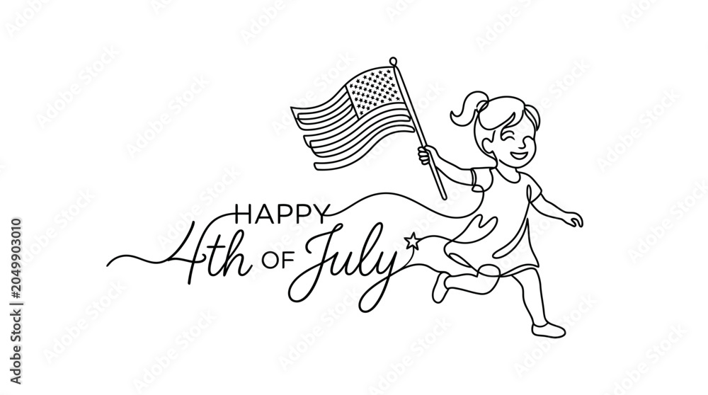 Obraz premium Celebratory Fourth of July Illustration Featuring a Joyful Girl Running with American Flag and Holiday Text