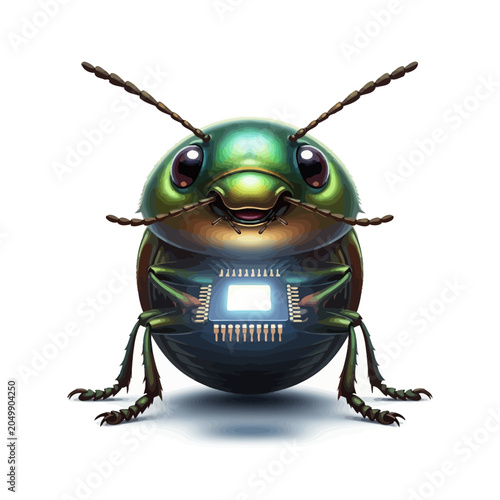 Cute Cybernetic Beetle Holding Microchip with Glowing Screen