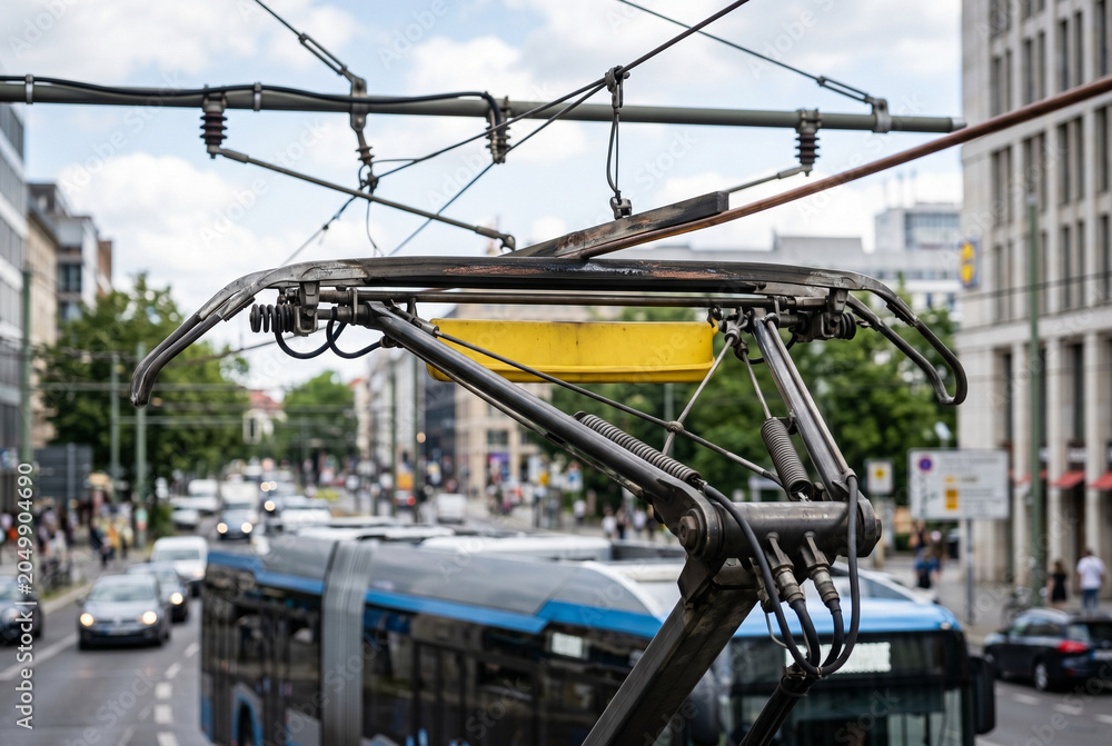 Fototapeta premium Overhead Catenary Line on Urban Tram Street