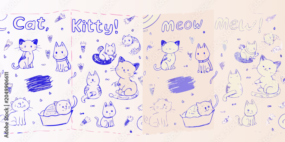 Obraz premium Blue hand drawn cat sketches and doodles on a light pink background