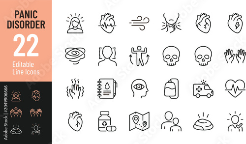 Photos Mental Health and Panic Disorder Line Editable Icons Set
