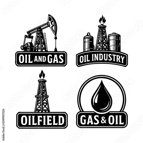 Modern Oil and Gas Industry Logo with Refinery Plant, Offshore Rig and Pipeline Vector Icon