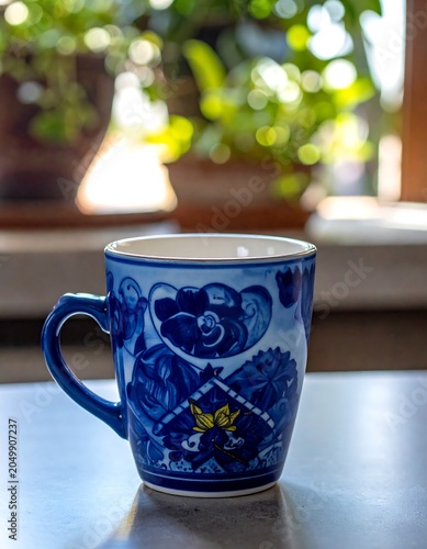 A blue and white ceramic mug with floral designs sits on a table