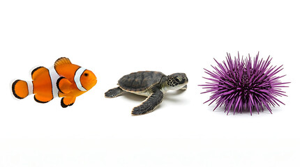 Collection of isolated sea creatures including a clownfish, baby turtle, and purple sea urchin