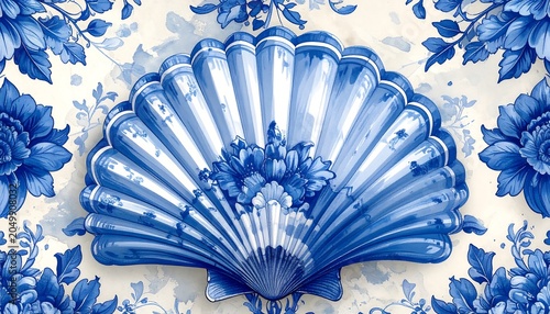 A blue and white ceramic tile featuring a seashell surrounded by floral patterns