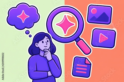 Colorful vector illustration of a person thinking with search magnifier and digital media icons