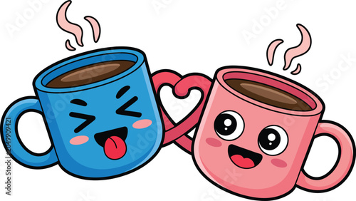 Canvas-taulu Two cute kawaii coffee mugs linked by heart handles, steaming hot beverage