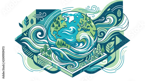 Stylized Earth with Nature Elements, Eco-Friendly Concept, Green and Blue Palette
