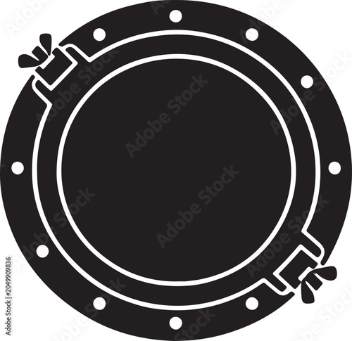 Close-up of black circular access panel with latches