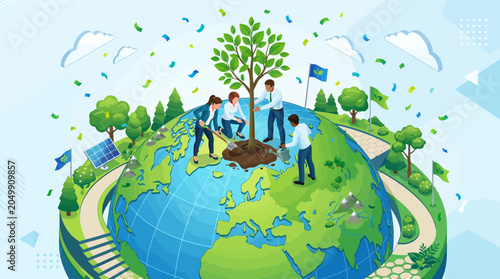 Quadro su tela People planting tree on Earth, environmental protection, ecology, sustainability concept, green future