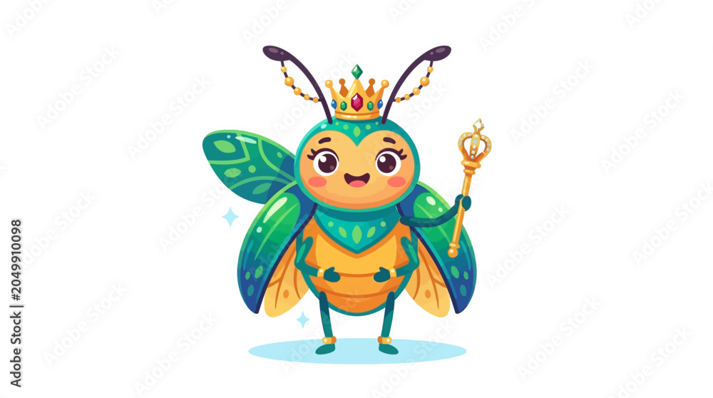 Fototapeta premium Cute Queen Beetle Character with Crown and Scepter, Cartoon Insect