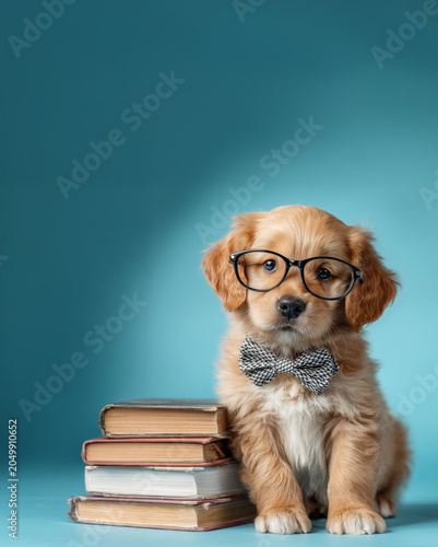 Smart Dog with Glasses Sitting by Books – Studio Education Concept Portrait