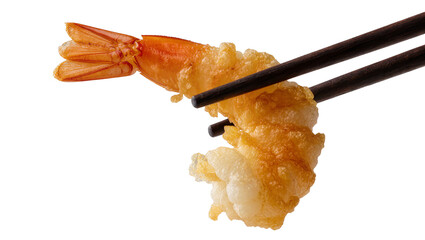 Crispy golden tempura shrimp held by dark chopsticks, isolated on transparent background