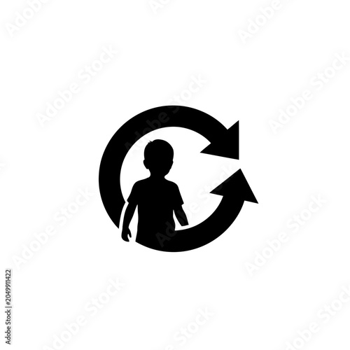 Child silhouette centered within circular arrow cycle.