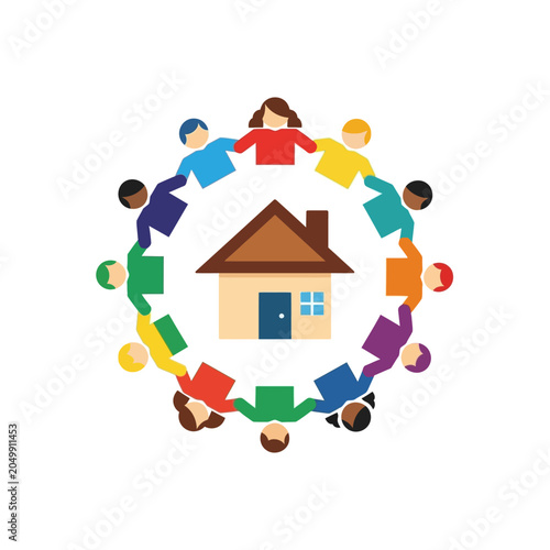 Children holding hands in circle around a house.