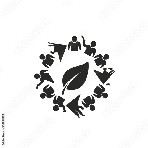Circle of people silhouettes surrounding a green leaf icon.