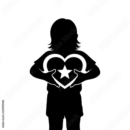 Child silhouette holding a large heart with star icon