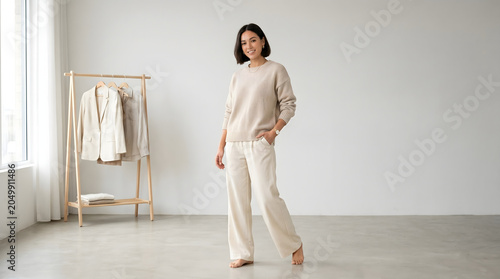 Young woman posing in a minimalist white room wearing a neutral beige oversized sweater and wide leg trousers