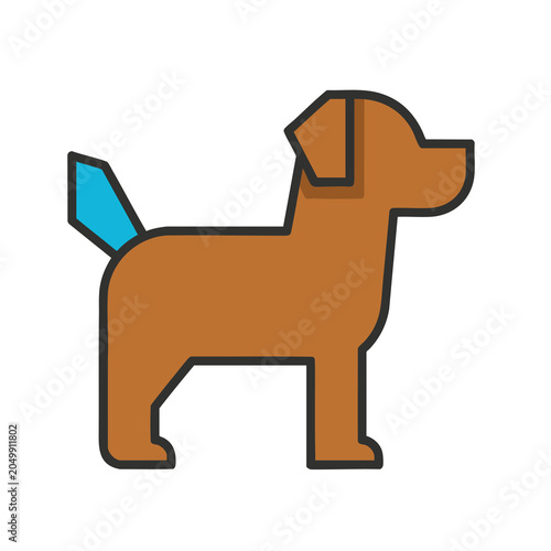 Minimalist brown dog icon with a blue tail design.