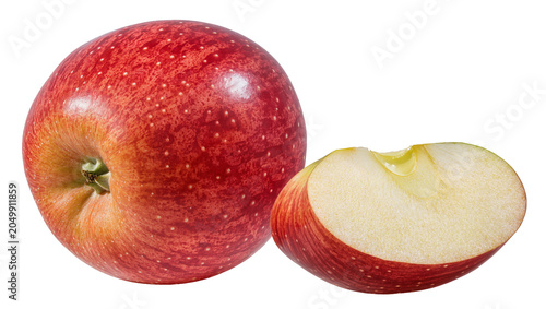 Foto Red speckled apple with a slice showing juicy flesh, isolated on transparent bac
