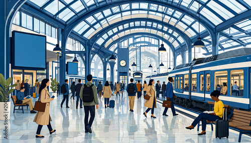 Busy Modern Train Station Concourse with Passengers Illustration