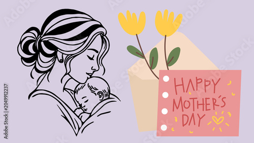 Fotografi Hand drawn illustration of a loving mother holding her newborn baby with a festi