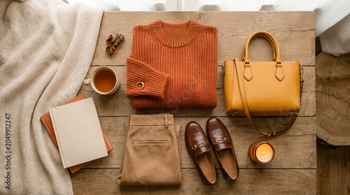 Bild auf Leinwand Elegant autumn fashion flat lay features an orange knit sweater, beige trousers, brown loafers, a yellow handbag, books, and tea on a wooden surface