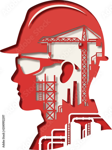 Civil engineer profile with construction site paper cut art, double exposure male builder profile vector illustration