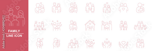 Family and people line icon set in modern outline style. Collection includes parents, children, baby, home, love, care, relationship, community, and family symbols. Editable stroke vector illustration