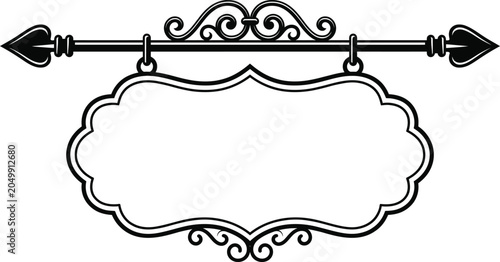 Vintage hanging signboard template, decorative wrought iron banner frame line art illustration