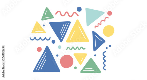 Abstract hand drawn geometric pattern with colorful triangles and wavy lines