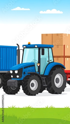 A blue tractor pulling a blue trailer on green grass with a stack of brown boxes under a blue sky
