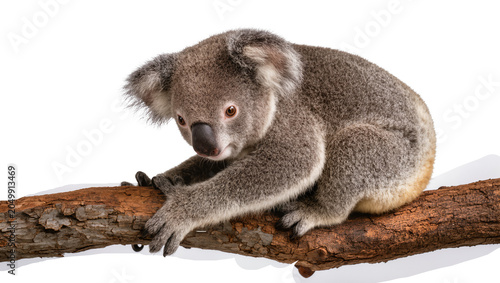 Photography Fluffy grey koala clinging to a rough brown tree branch, isolated on transparent