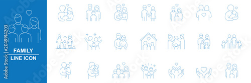 Modern family relationships icon set. Thin line vector illustration icons with editable stroke. Love, marriage, parenting, childhood, elderly care, emotional connection, conflict, and family support