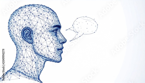 Abstract digital human head with speech bubble on white background.