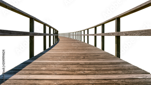 Cuadro en lienzo Weathered wooden boardwalk with railings, isolated on transparent background