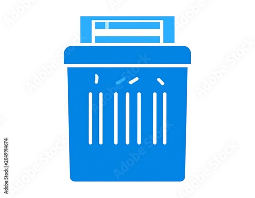 A blue trash can with a document sticking out