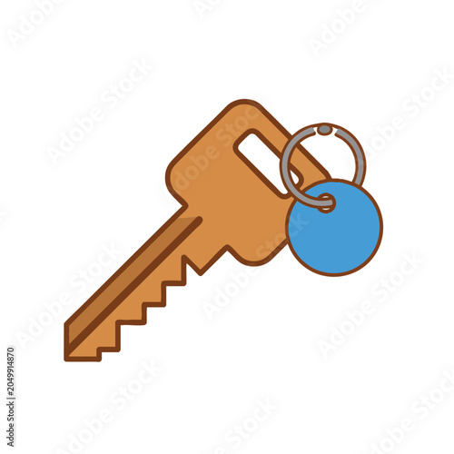 A cartoon style vector illustration of a metal door key with a blue round keychain.